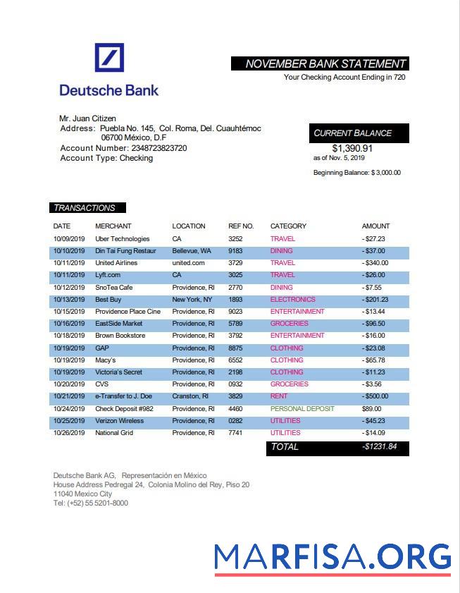 Downloadable Mexico Deutsche bank statement word download for verification